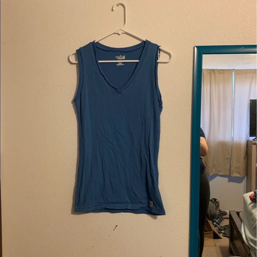 😁Carhartt Blue Womens V Neck Sleeveless T Shirt Size Medium